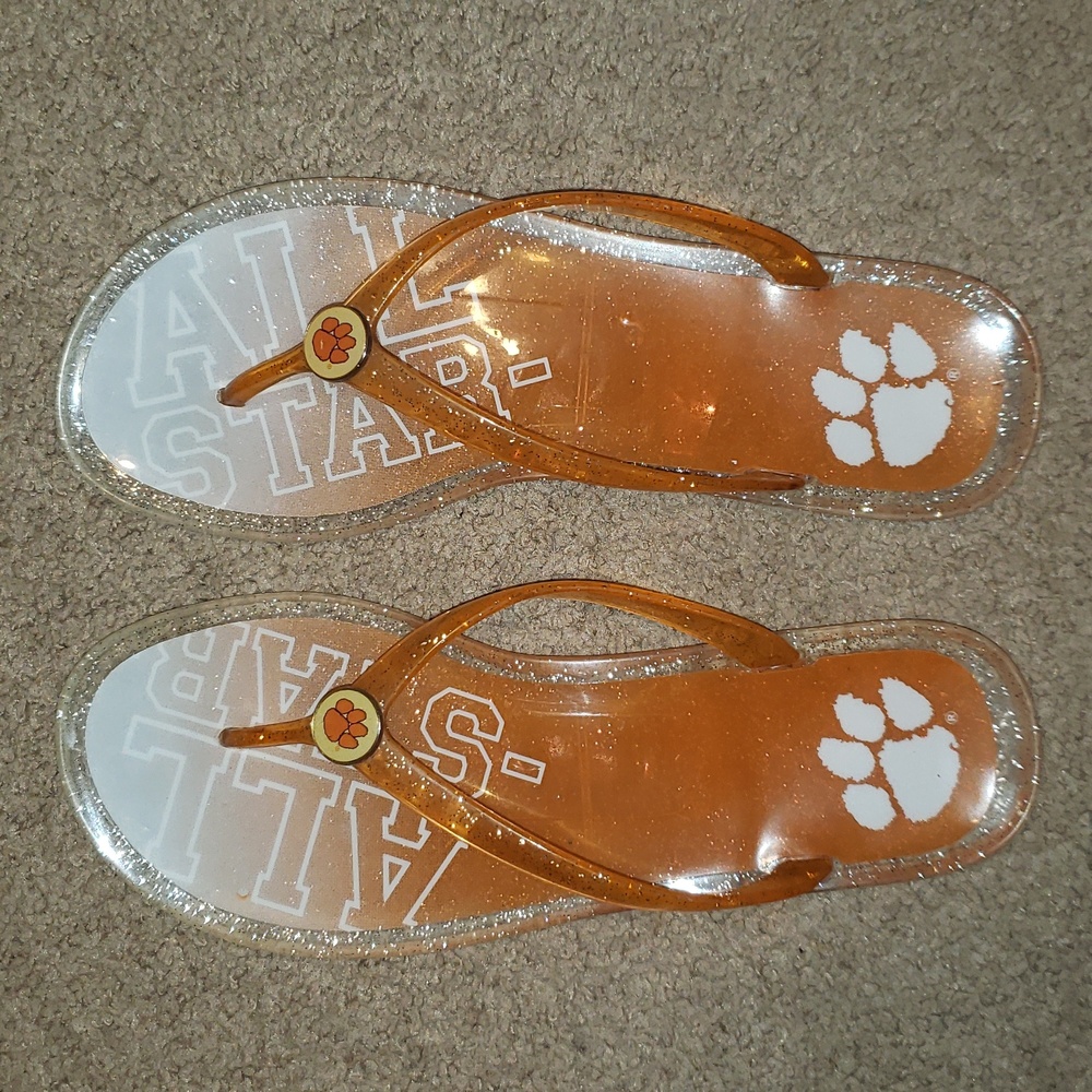 Clemson Tigers All-Star Silver Sparkle plastic flip flops. Women's size 8 1/2